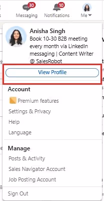 A LinkedIn menu showing the option to View Profile.