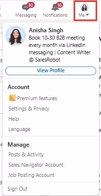 A LinkedIn menu showing options for Messaging, Notifications, and the user's profile.