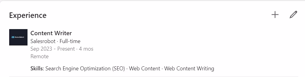 LinkedIn experience section on the user profile