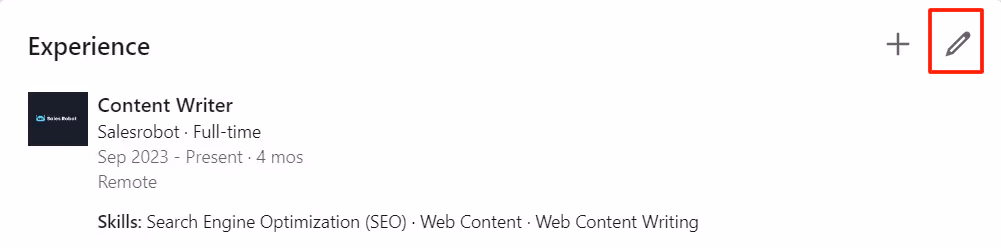 Pencil icon on the "Experience" section of LinkedIn