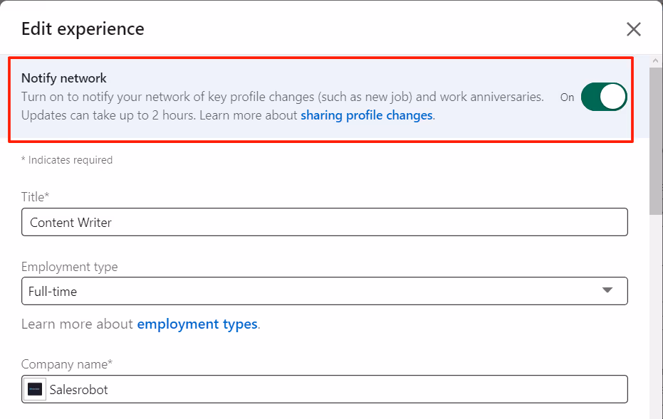 "Notify Network" toggle option