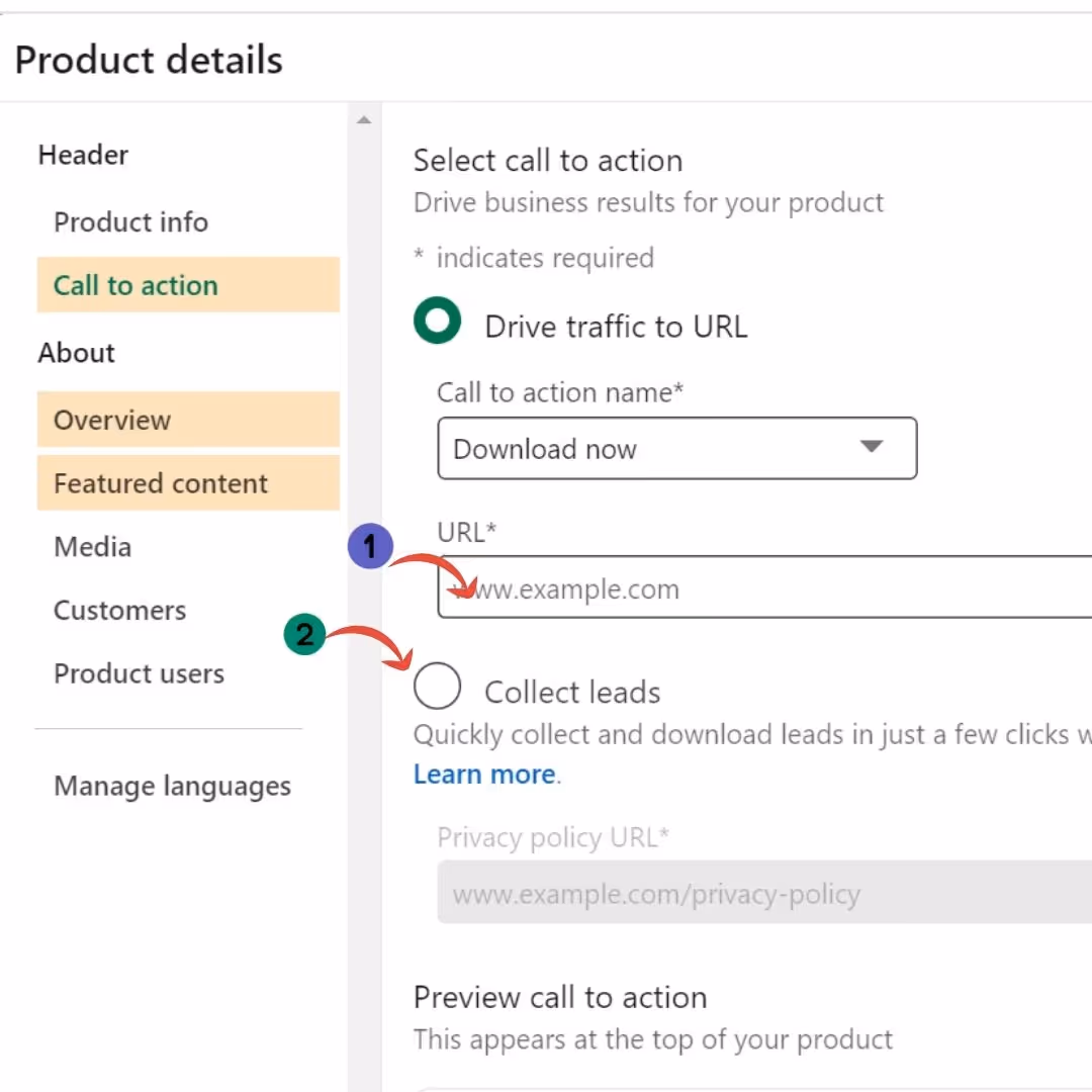 A page to add the product URL.