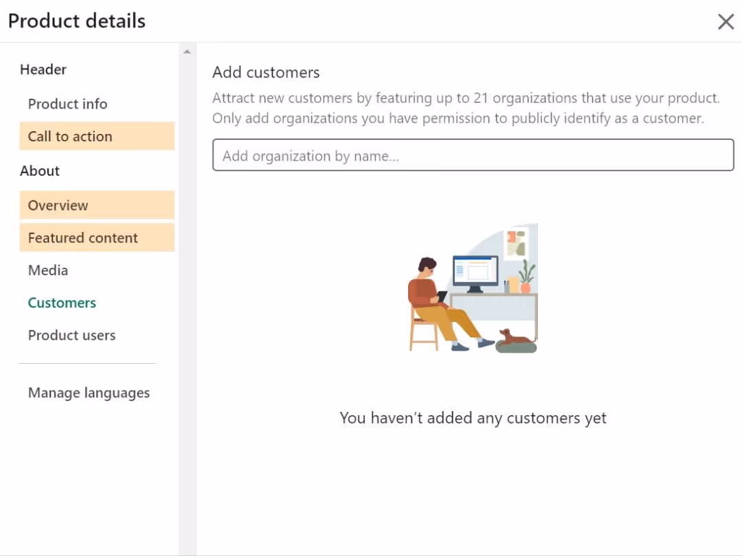 A page to add organizations that are customers