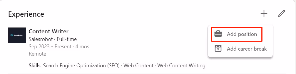 "Add position" option on the "Experience" section