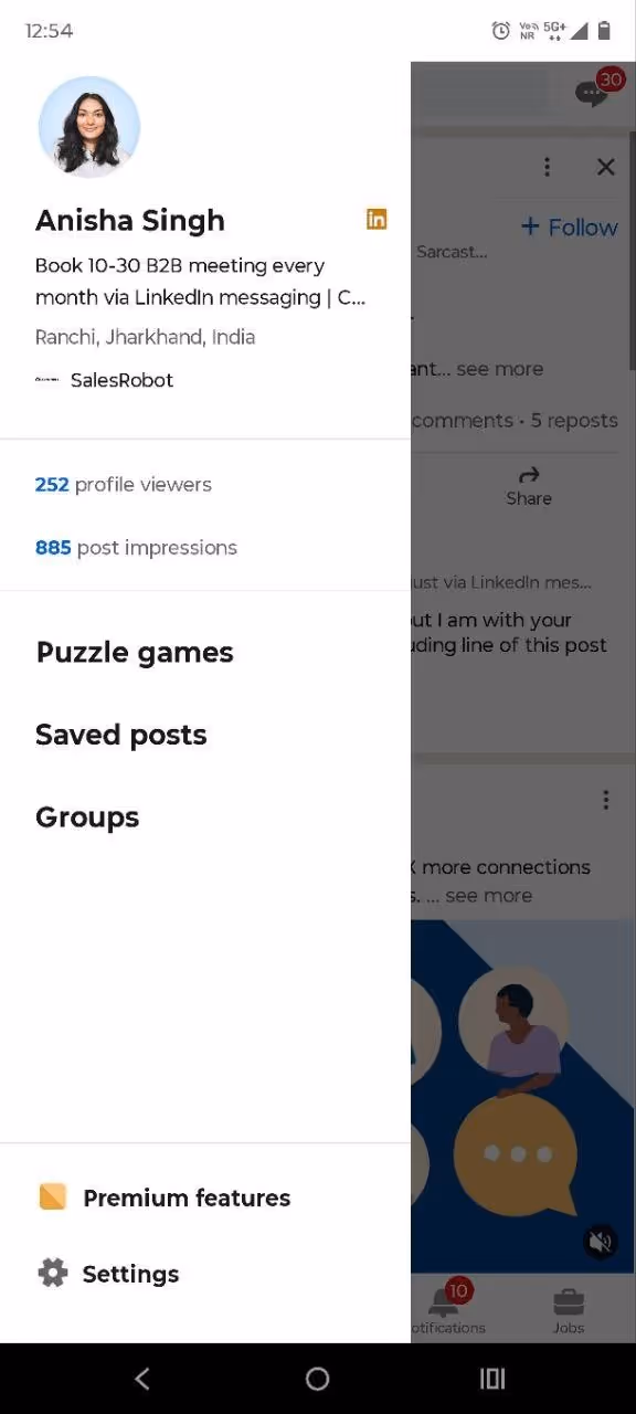 LinkedIn profile of Anisha Singh, showing profile views and post impressions.