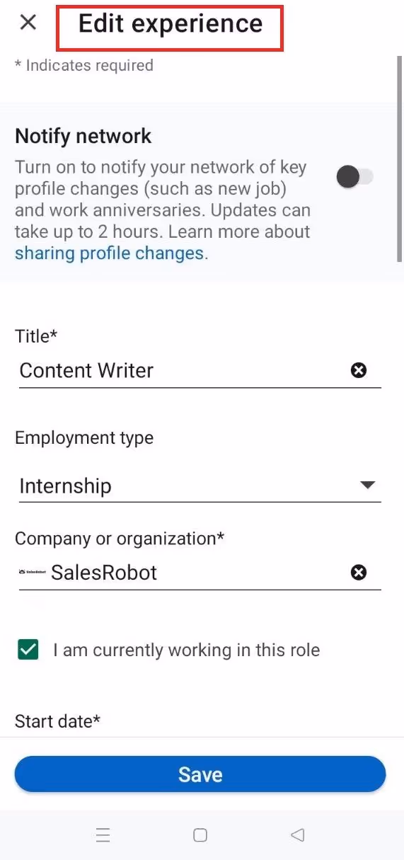 Image of edit experience option on linkedin app
