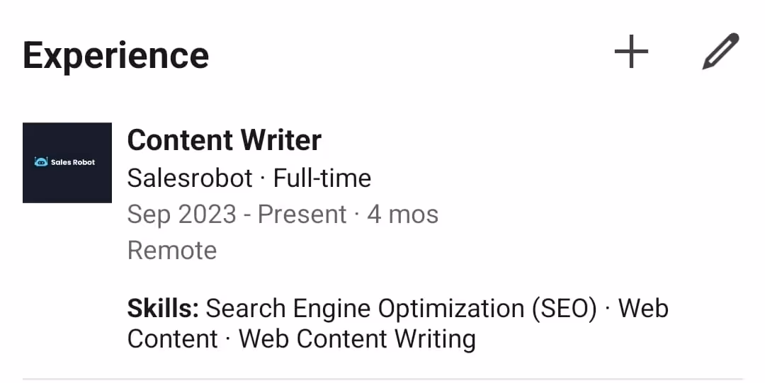 Experience" section on LinkedIn app