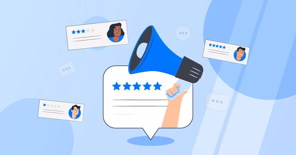 Drawing of a megaphone with ratings around it 