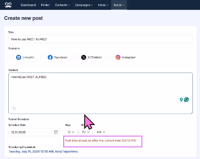 Schedule social media posts in Meet Alfred