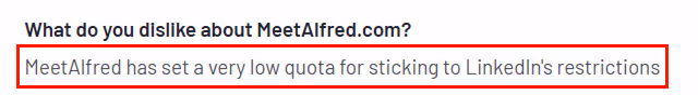 Review of MeetAlfred.com with a red box around "MeetAlfred has set a very low quota for sticking to LinkedIn's restrictions"