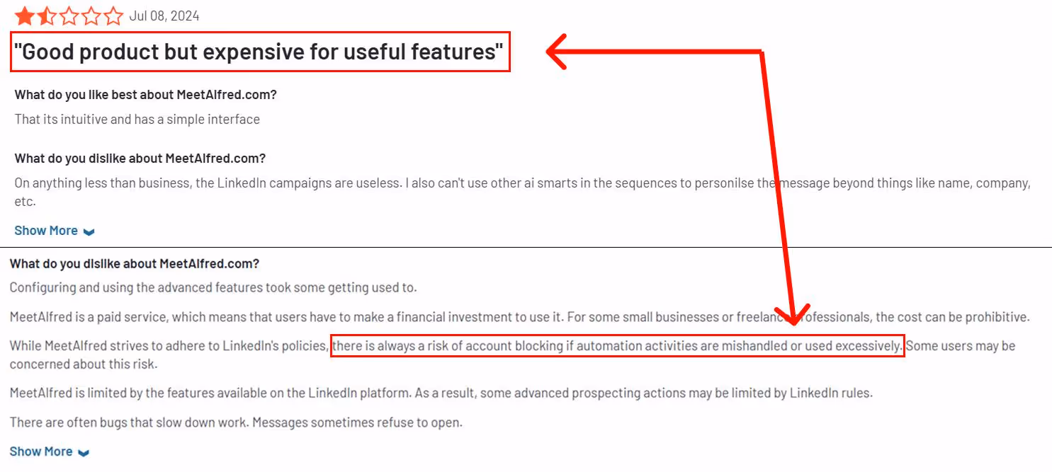 Review of MeetAlfred.com with a red box around "Good product but expensive for useful features"