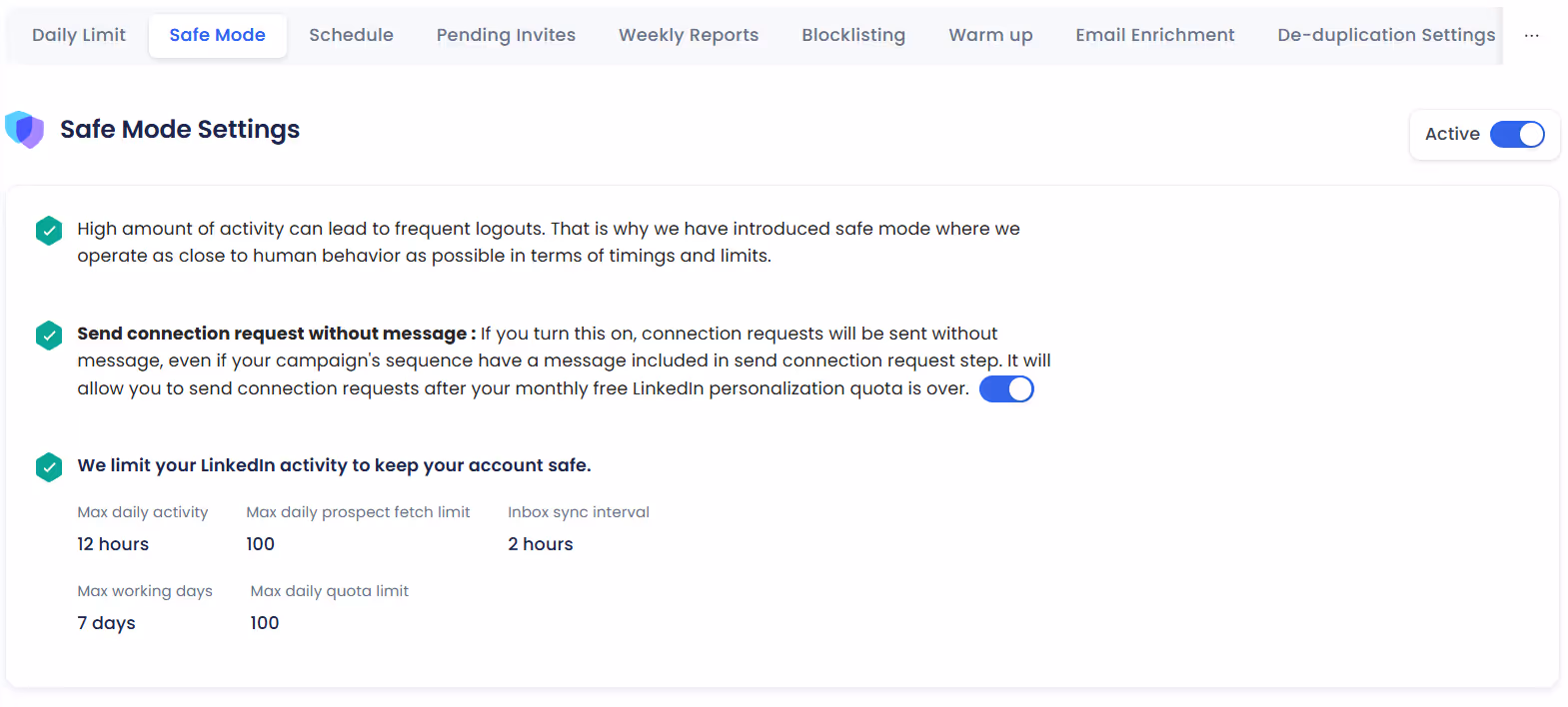 Screenshot of Safe Mode Settings.