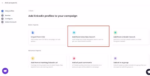 Salesrobot add prospects from LinkedIn Sales Navigator search URL