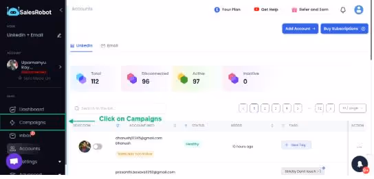 Log in to your SalesRobot account and click on “Campaigns.”