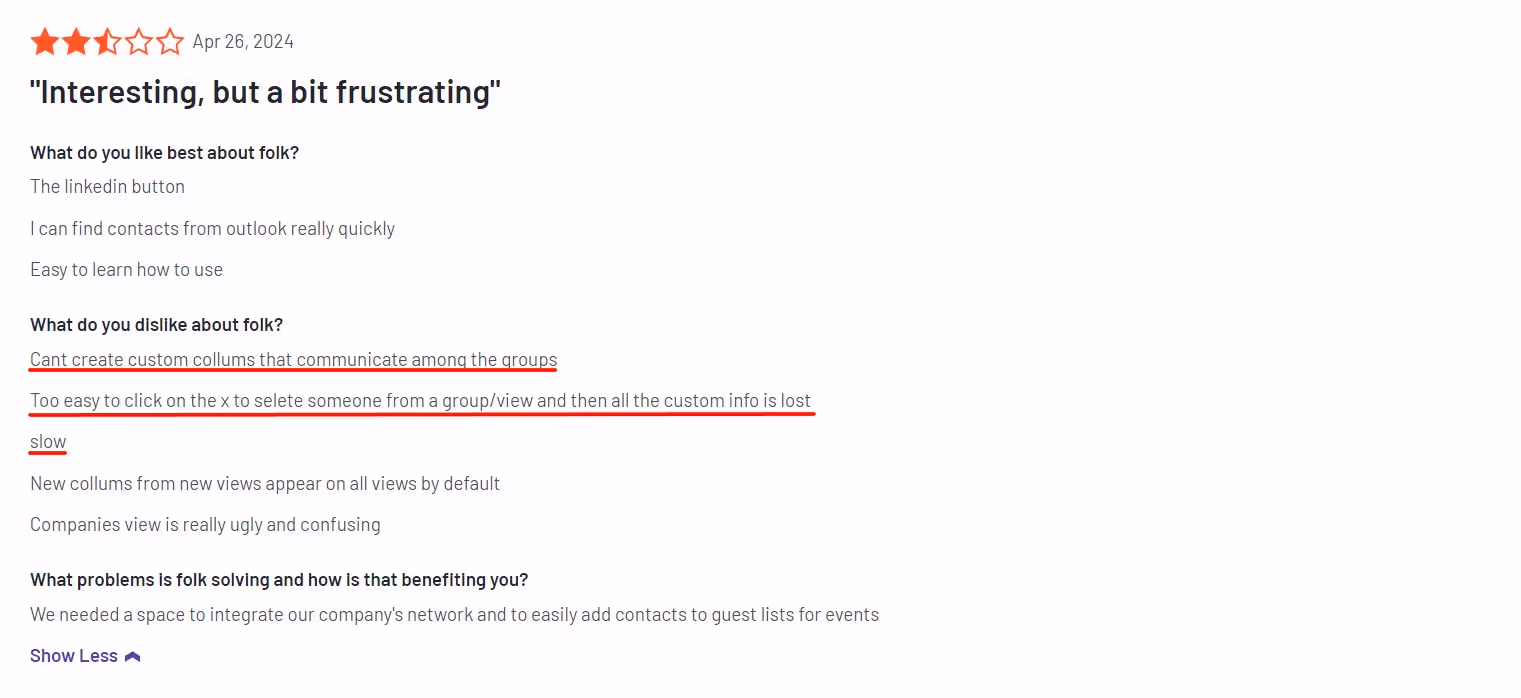 User review of Folk CRM saying it is unintuitive