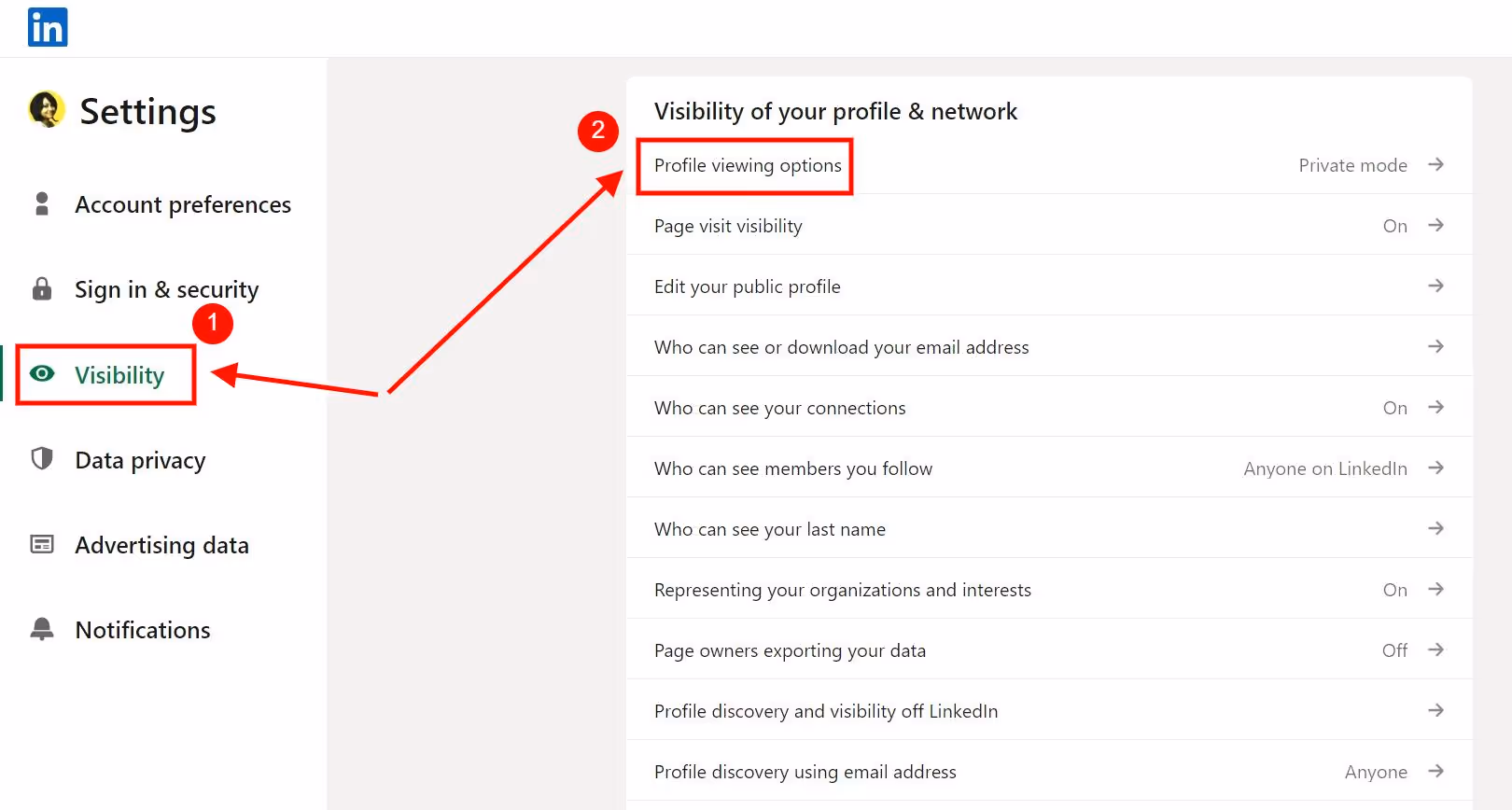 A LinkedIn screenshot showing profile visibility options.