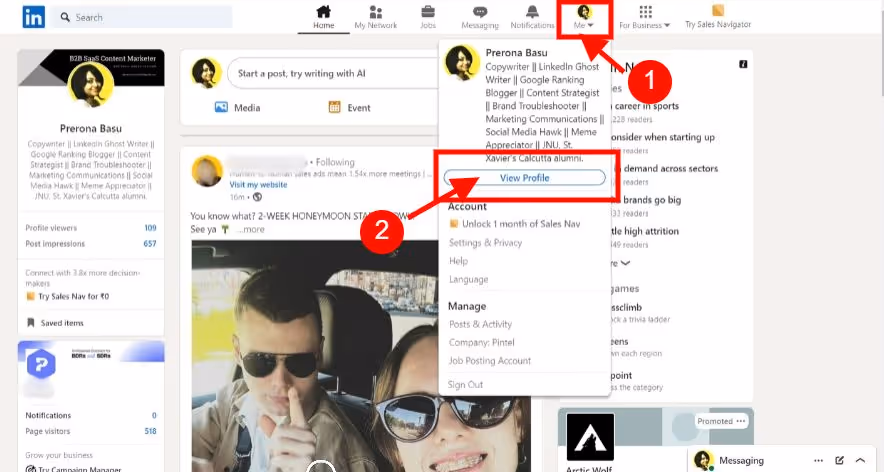 A LinkedIn screenshot of dropdown options when clicked on Me.