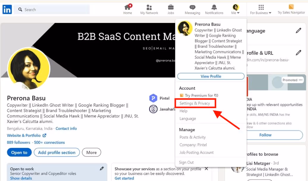 A dropdown showing the settings and privacy option on LinkedIn.