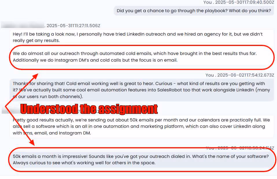 A screenshot of a text conversation discussing outreach methods. The conversation shows a user explaining their successful automated cold email strategy, with an annotation "Understood the assignment" pointing to the relevant text.