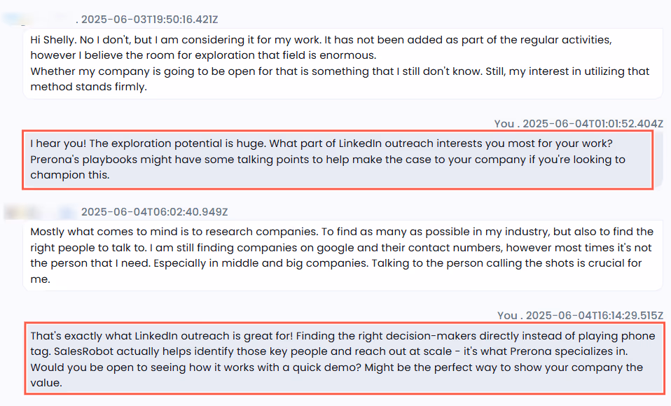 A screenshot of a text conversation showing two participants discussing LinkedIn outreach strategies. The conversation highlights the potential for exploration in this field and the importance of reaching decision-makers directly.