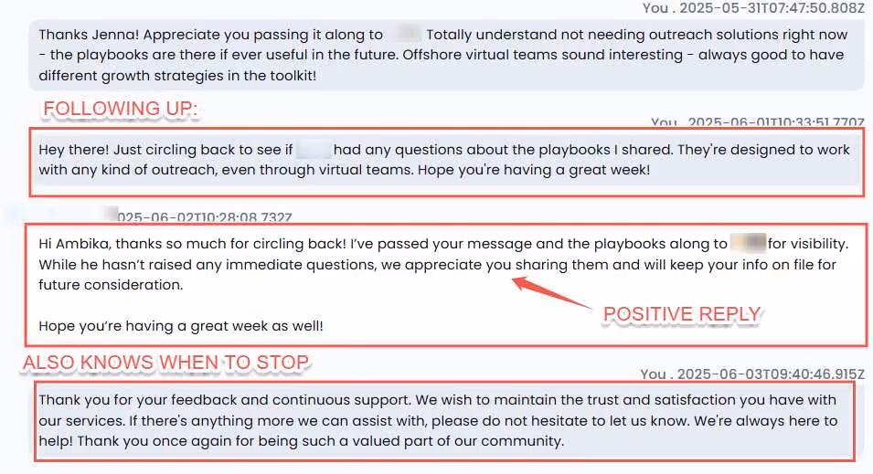 A screenshot of a text conversation demonstrating follow-up and positive reply in a business communication. The conversation shows a user thanking for shared playbooks and confirming receipt, with an arrow pointing to "POSITIVE REPLY."