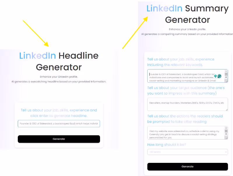 SalesRobot's free LinkedIn headline generator and LinkedIn summary generator