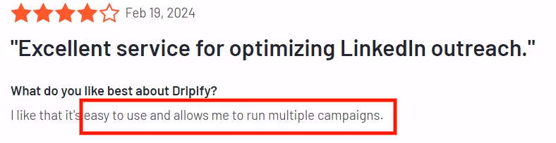 A positive review about Dripify's outreach capabilities.