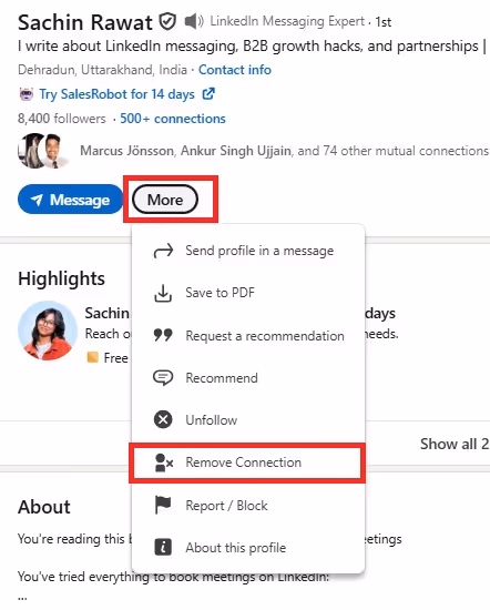 Remove connection option on personal LinkedIn profile