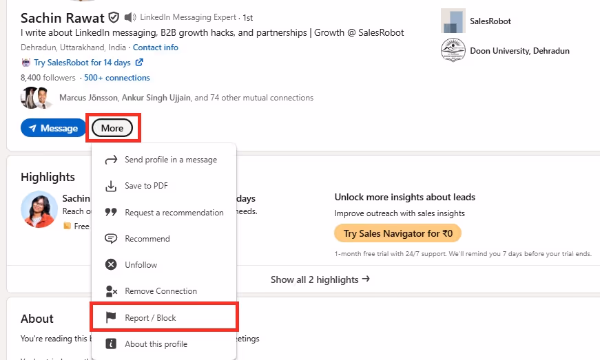 'More' option on personal LinkedIn profile