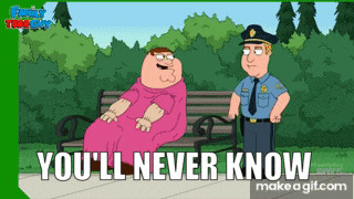 Woman sitting in a park on a bench saying to a policeman 'you'll never know' and winking