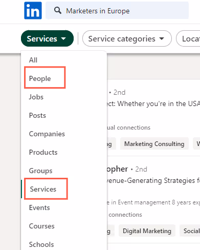 'People' and 'Services' option from the drop down menu on LinkedIn