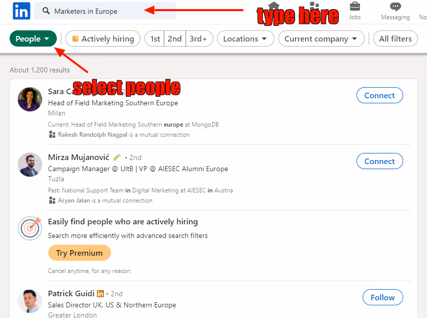 search example for 'marketers in Europe' on LinkedIn