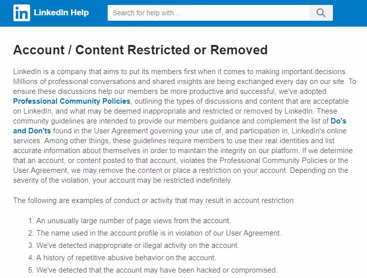 LinkedIn account/ content removed message