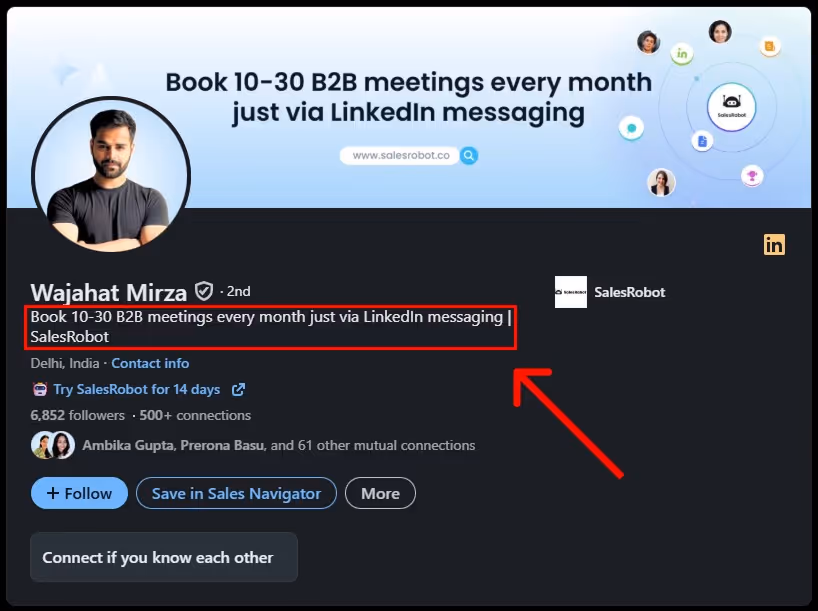 LinkedIn profile of Wajahat Mirza, highlighting his ability to book meetings via LinkedIn messaging.