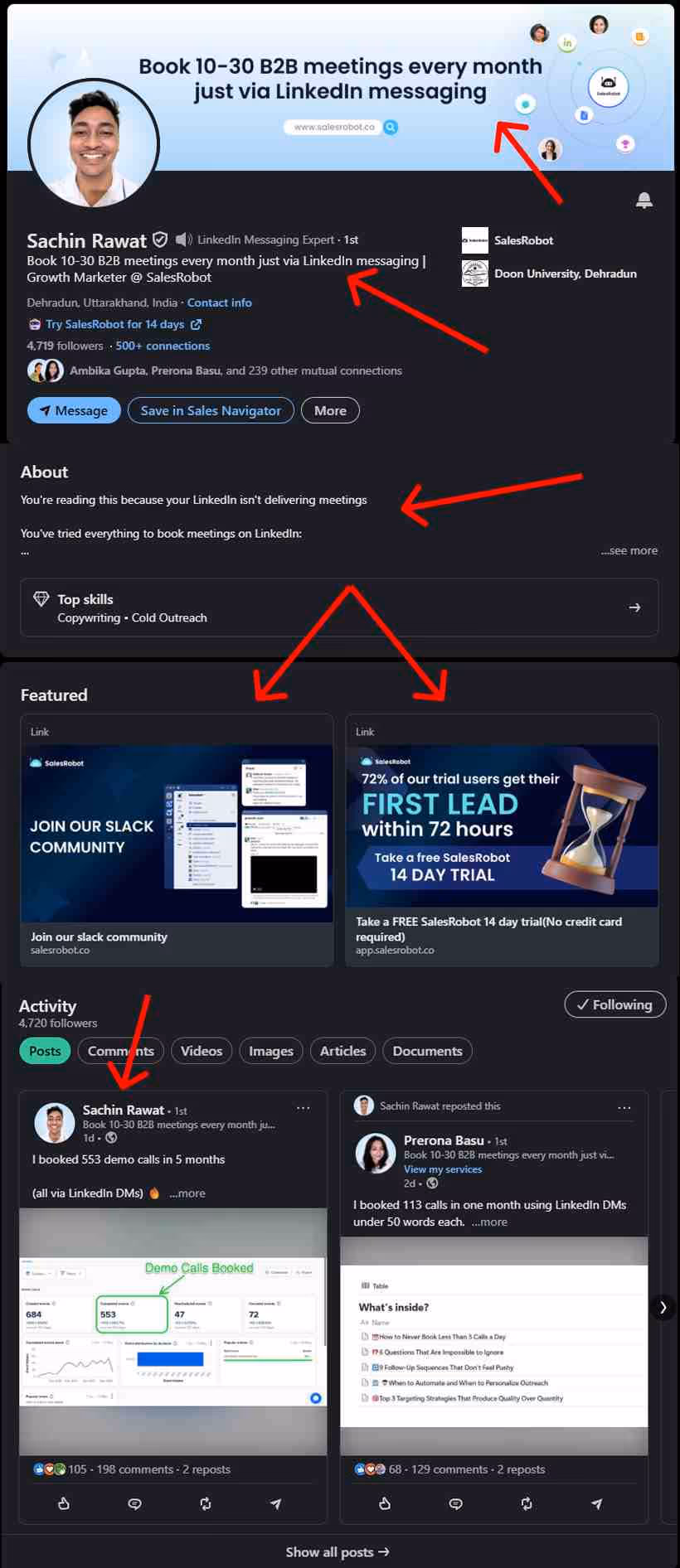 Screenshot of a LinkedIn profile showcasing SalesRobot and its features.
