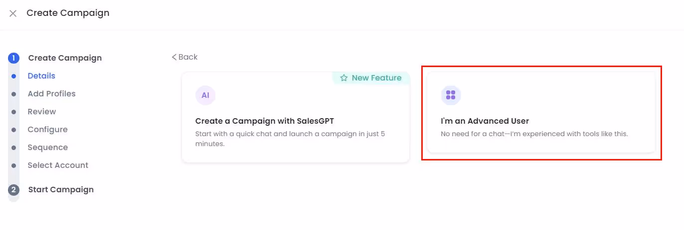 salesrobot campaign im an advanced user option