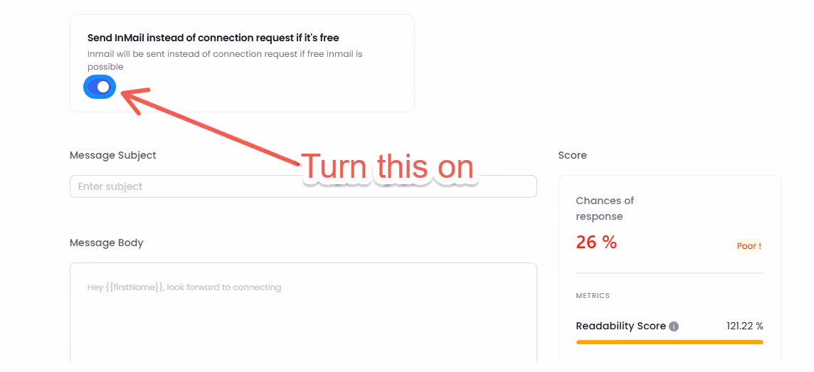 Screenshot showing an option to 'Send InMail instead of connection request' with an arrow pointing to turn it on, alongside message fields and a 'Chances of response' score of 26%.
