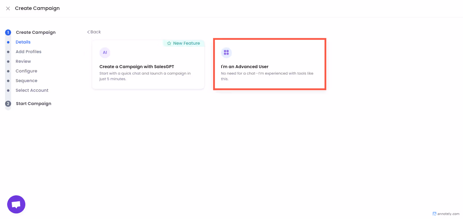 Image shows a part of the SalesRobot highlighting "I'm an Advanced User"