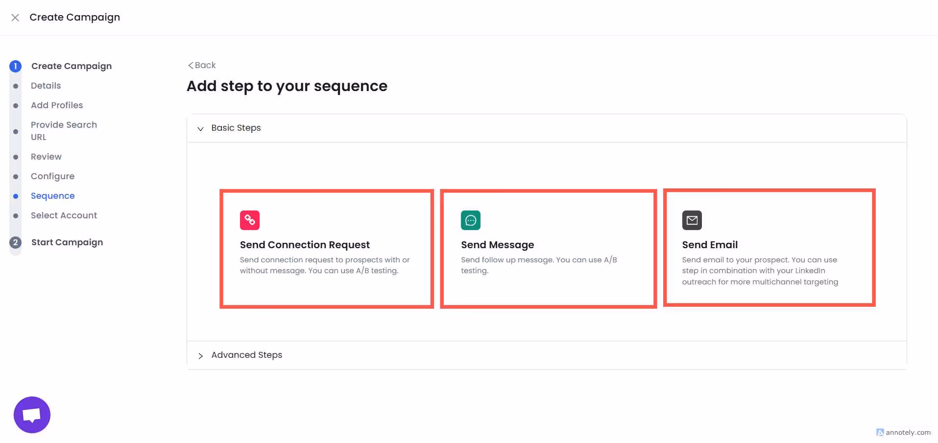 Image shows the "Add step to your sequence" section of the SalesRobot
