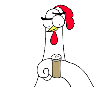 A cartoon illustration of a rooster holding a stopwatch