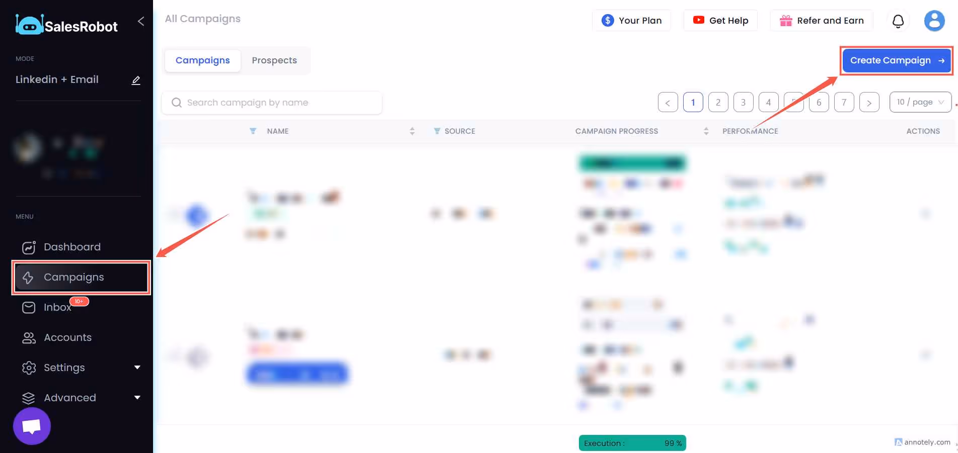 The screenshot shows the SalesRobot platform's interface, highlighting features like campaign management, inbox management, and the ability to create new outreach campaigns