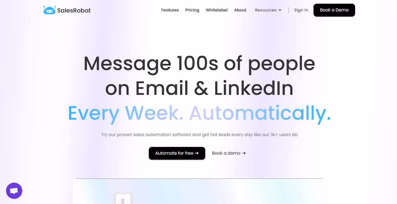 The website is called "Salesrobot.co" and it offers a service to message 100s of people on Email & Linkedin every week automatically