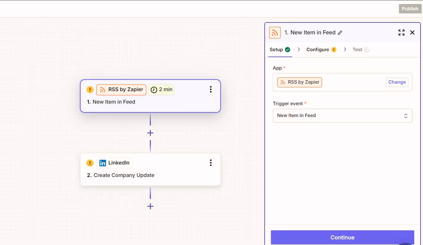 Zapier LinkedIn integration Zap to share RSS items on LinkedIn