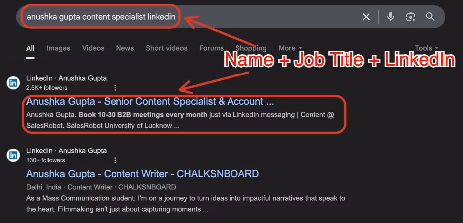 Google search by name + job title + LinkedIn to find profile