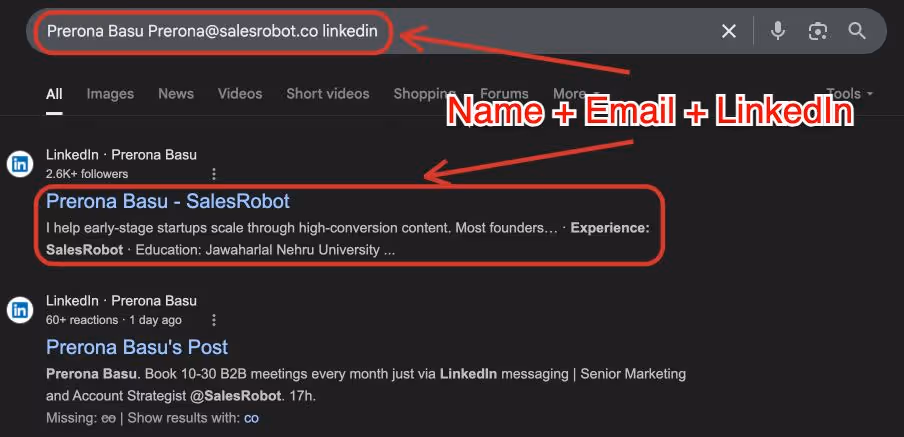 Name + email + LinkedIn in Google search to find LinkedIn URL