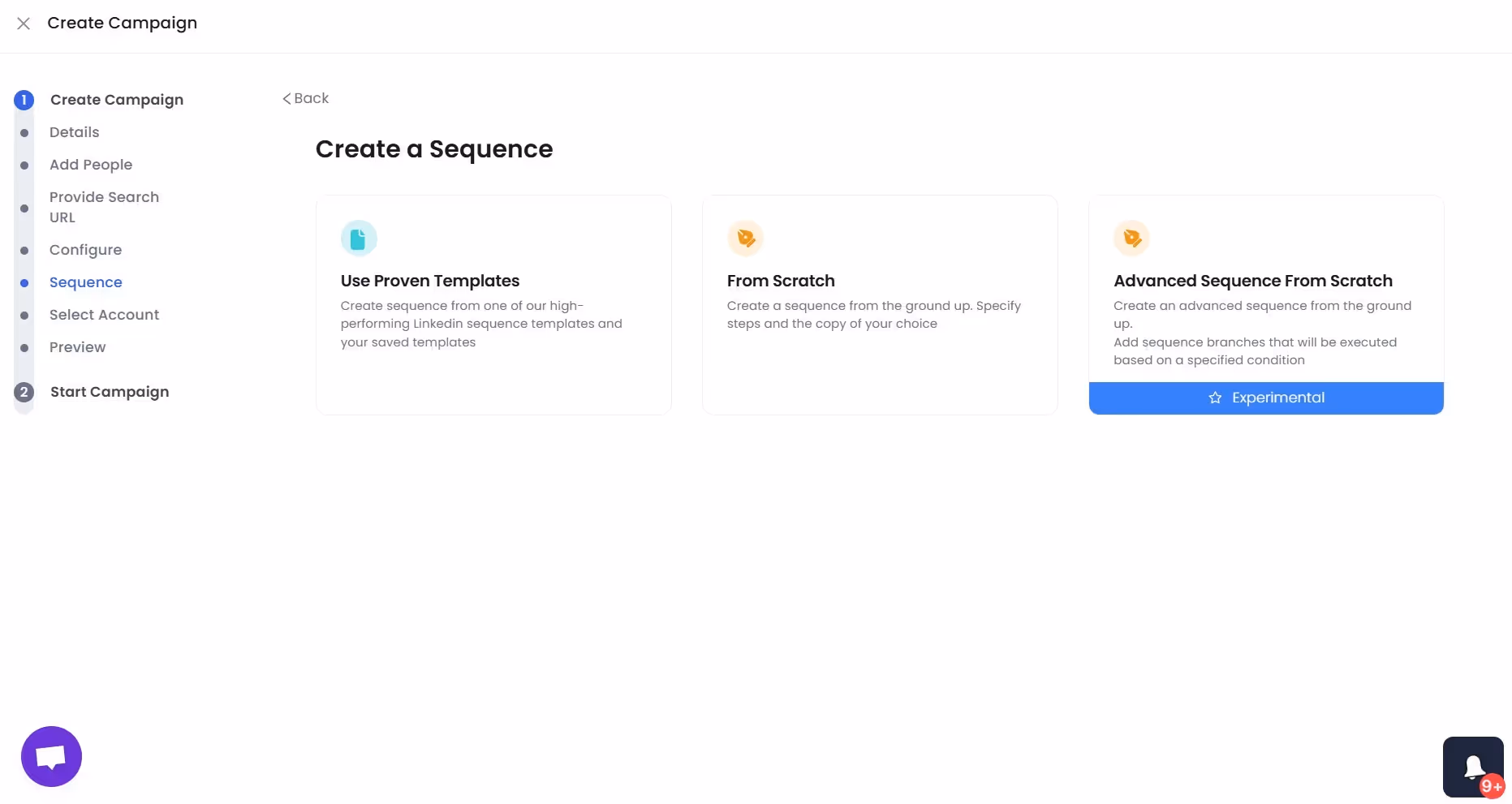 SalesRobot sequence creation options.