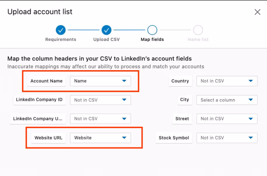 A screenshot of a Sales Navigator page showing an upload progress bar for an account list.