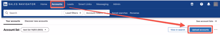 A screenshot of a Sales Navigator page with an arrow pointing to the "Upgrade account" button.