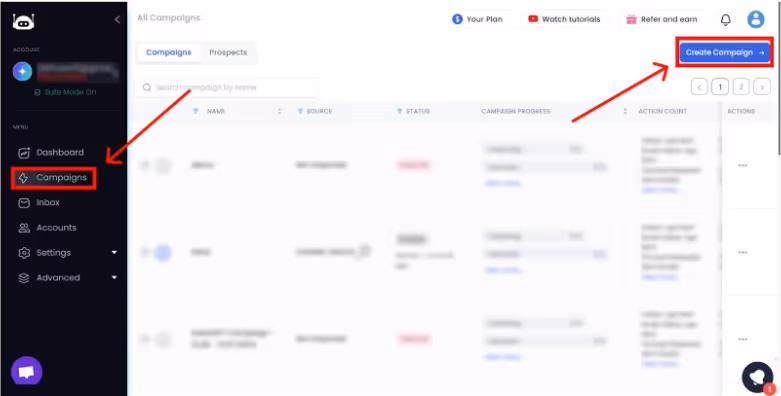 A screenshot of the SalesRobot page with a pop-up window showing options to "Add Linkedin profiles to your campaign" with different methods, with an arrow pointing to the "Add from label report" option.