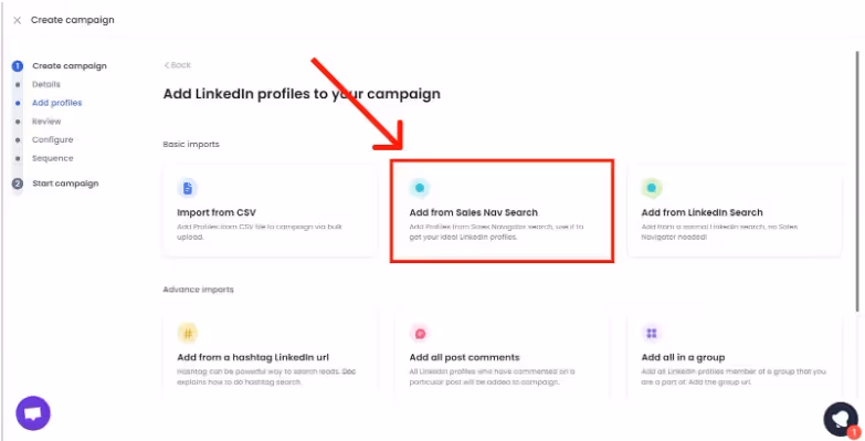 A screenshot of the SalesRobot page with a pop-up window showing an error message while trying to import prospects from Sales Navigator.
